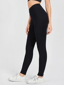 SHEIN Zip Front Solid Leggings - Black - View 3