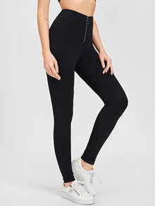 SHEIN Zip Front Solid Leggings - Black - View 1