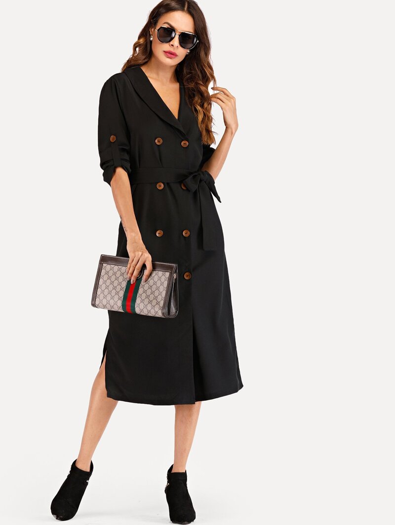 

Double Button Self Tie Waist Split Outerwear, Black, Andy