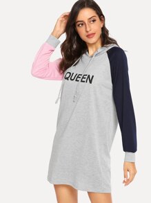 Drawstring Hoodie Letter Print Sweatshirt Dress