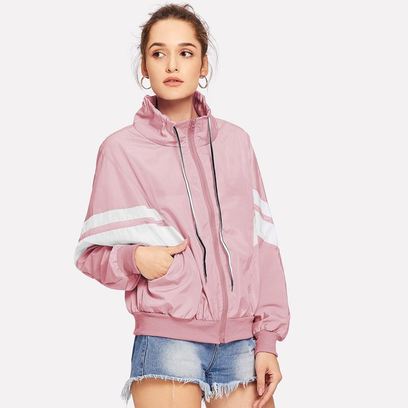 

Contrast Striped Stand Collar Jacket, Pink