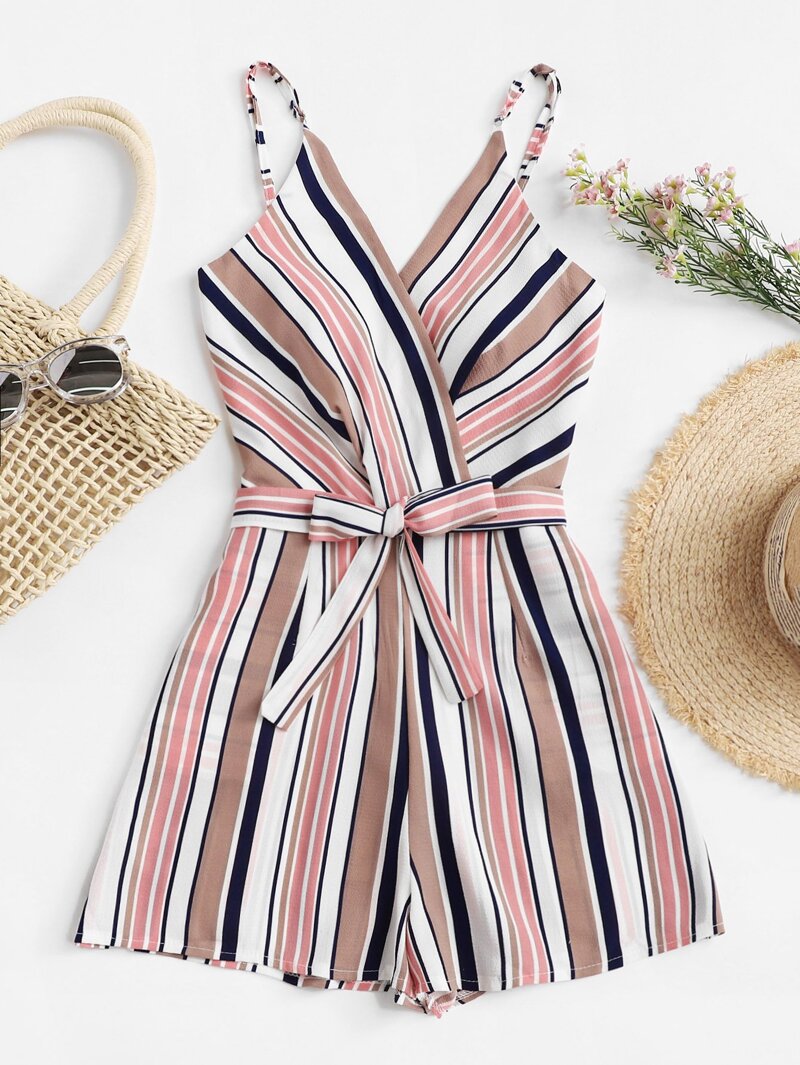 

Plus Multi-Stripe Tie Waist Cami Jumpsuit, Multicolor