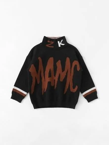 SHEIN 女孩高領字母印花毛衣 - 黑色 - 查看 2