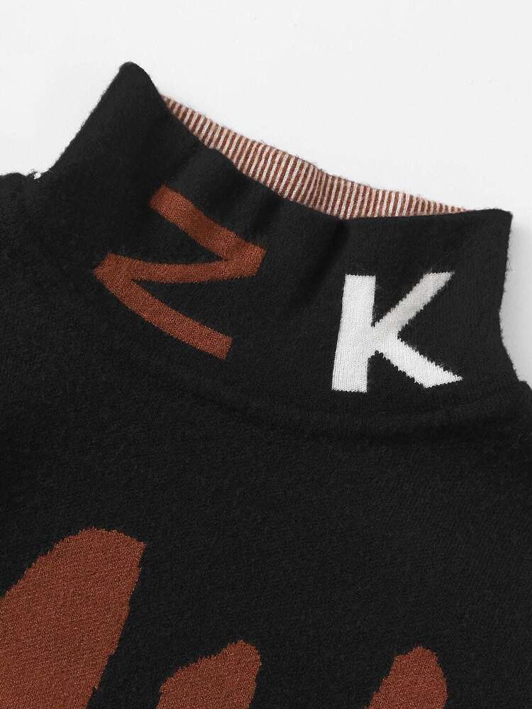 SHEIN Girls High Neck Letter Pattern Sweater - Black - View 3