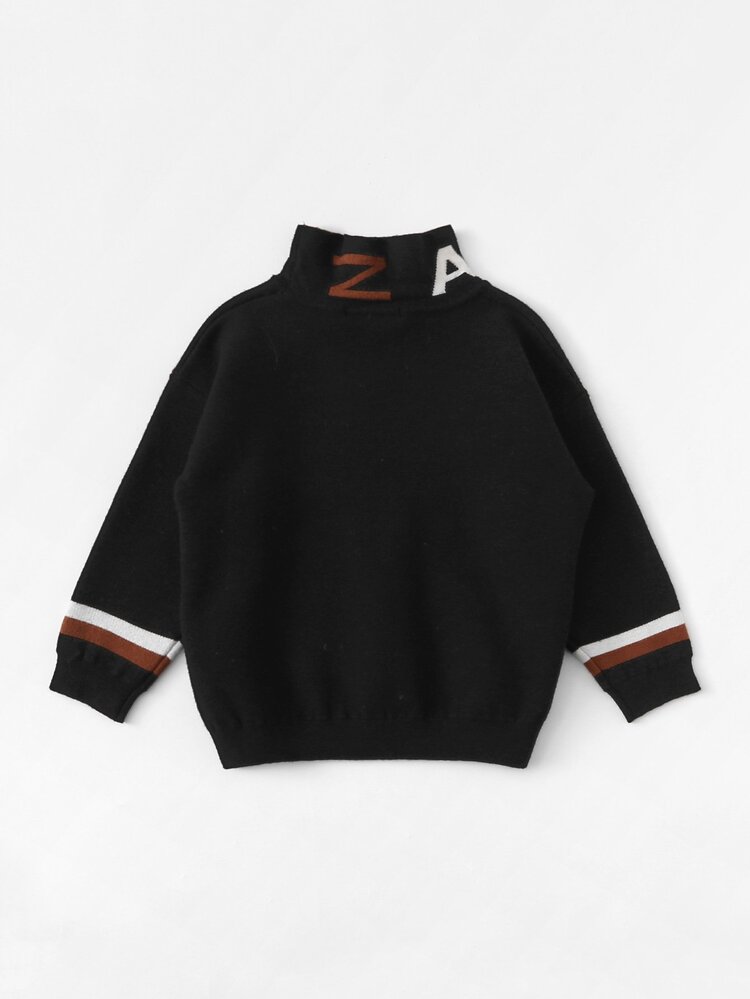 SHEIN Girls High Neck Letter Pattern Sweater - Black - View 5