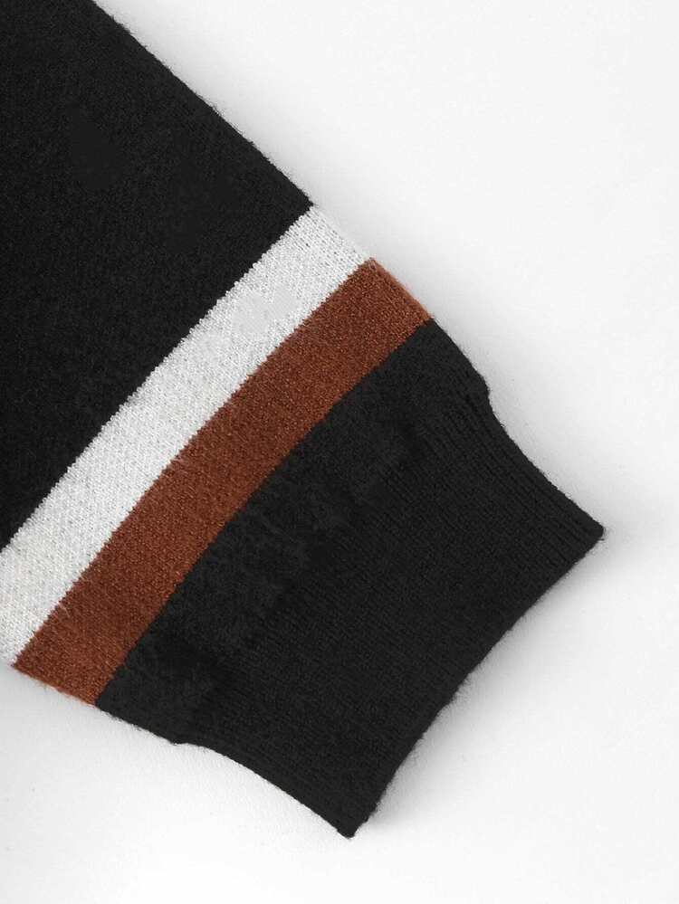 SHEIN Girls High Neck Letter Pattern Sweater - Black - View 4