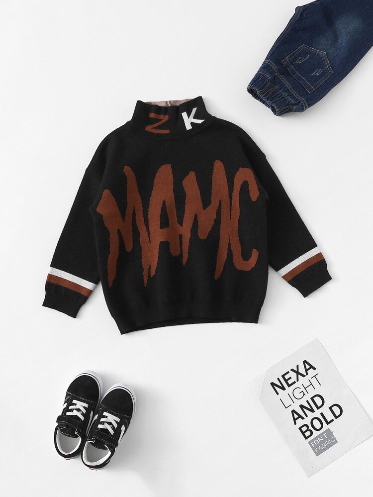 SHEIN Girls High Neck Letter Pattern Sweater - Black - View 1
