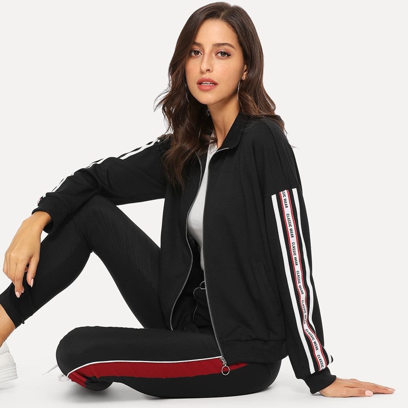 

Stripe Contrast Drop Shoulder Jacket, Black