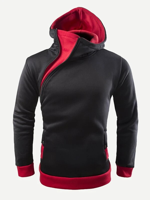 men oblique zipper hooded sweatshirt
