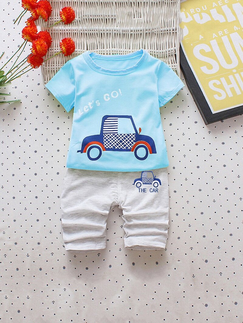 

Boys Car & Letter Print Tee With Pants, Multicolor
