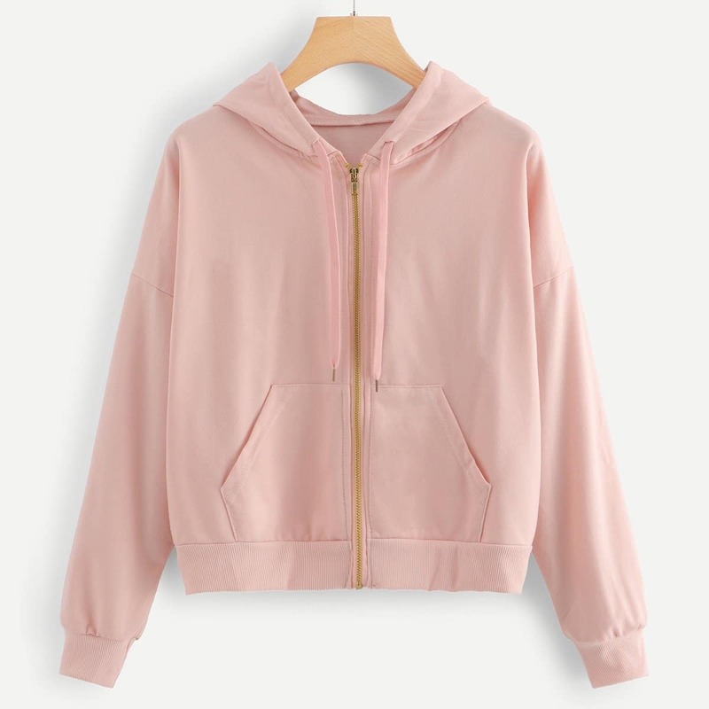 

Drawstring Detail Solid Hooded Jacket, Baby pink