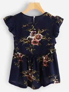 Frill Trim Floral Smock Blouse - Navy Blue - View 2