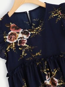 Frill Trim Floral Smock Blouse - Navy Blue - View 3