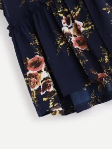Frill Trim Floral Smock Blouse - Navy Blue - View 4