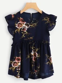 Frill Trim Floral Smock Blouse - Navy Blue - View 1