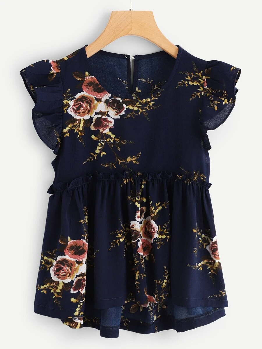 Frill Trim Floral Smock Blouse - Navy Blue - View 1