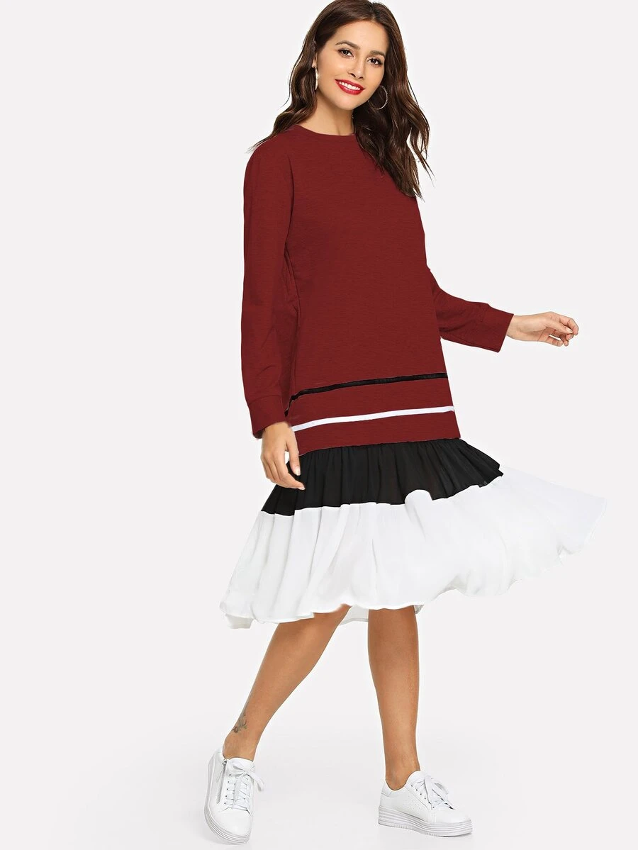 Striped Colorblock Ruffle Hem Dress - Burgundy - View 1
