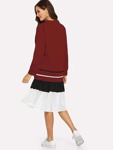 Striped Colorblock Ruffle Hem Dress - Burgundy - View 3