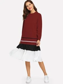 Striped Colorblock Ruffle Hem Dress - Burgundy - View 2