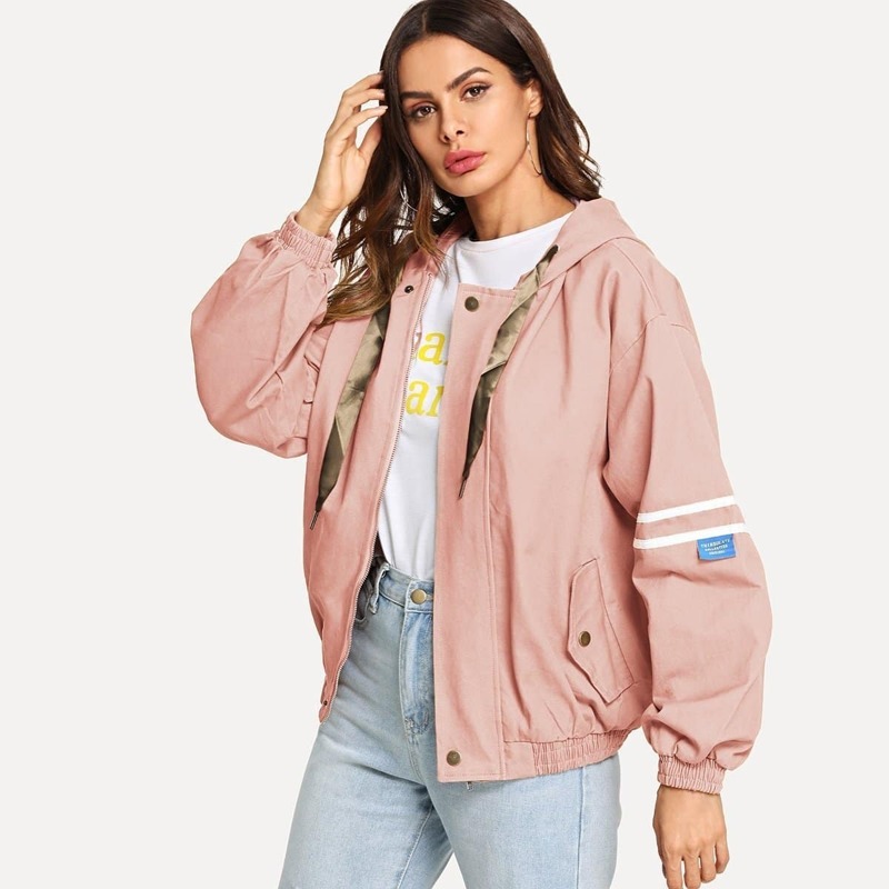 

Striped Panel Sleeve Drawstring Hooded Jacket, Pink