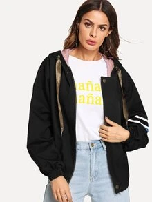 Striped Panel Sleeve Drawstring Hooded Jacket - Black - View 3