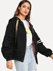 Striped Panel Sleeve Drawstring Hooded Jacket - Black - View 4