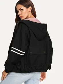 Striped Panel Sleeve Drawstring Hooded Jacket - Black - View 2