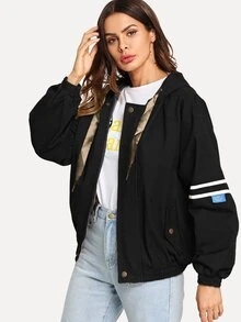 Striped Panel Sleeve Drawstring Hooded Jacket - Black - View 1