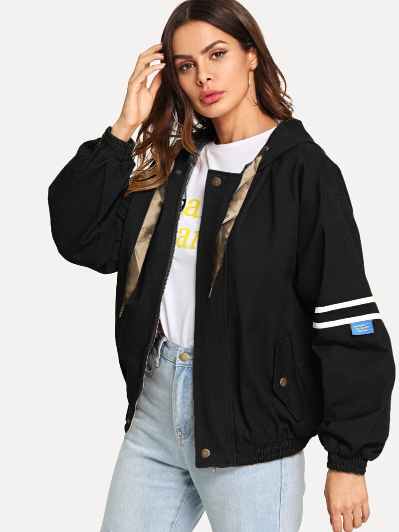 

Striped Panel Sleeve Drawstring Hooded Jacket, Black, Andy