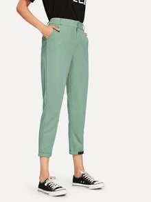 SHEIN Privé 綠色休閒簡約長褲 - 綠色 - 查看 1