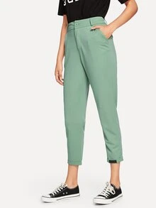 SHEIN Privé 綠色休閒簡約長褲 - 綠色 - 查看 2