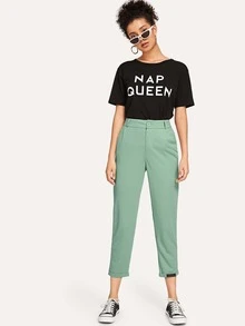 SHEIN Privé 綠色休閒簡約長褲 - 綠色 - 查看 4