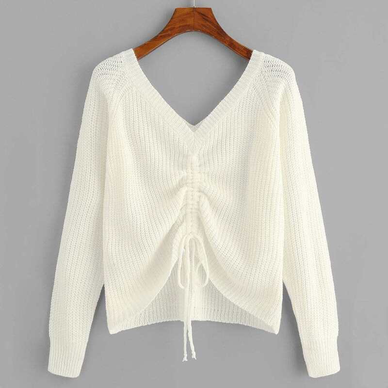 

Drawstring Detail Solid Sweater, Beige