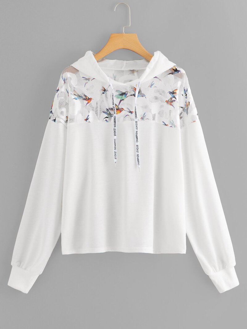 

Plus Contrast Mesh Bird Print Hooded Sweatshirt, White