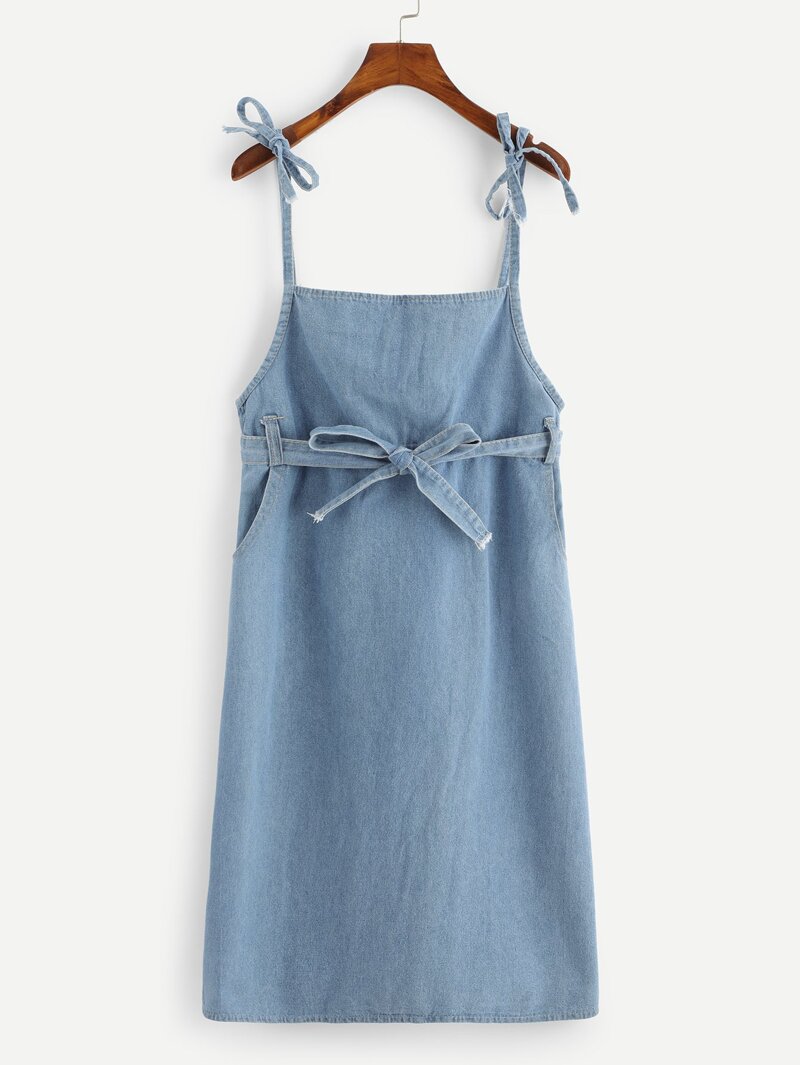 

Denim Self Tie Waist Dress, Blue