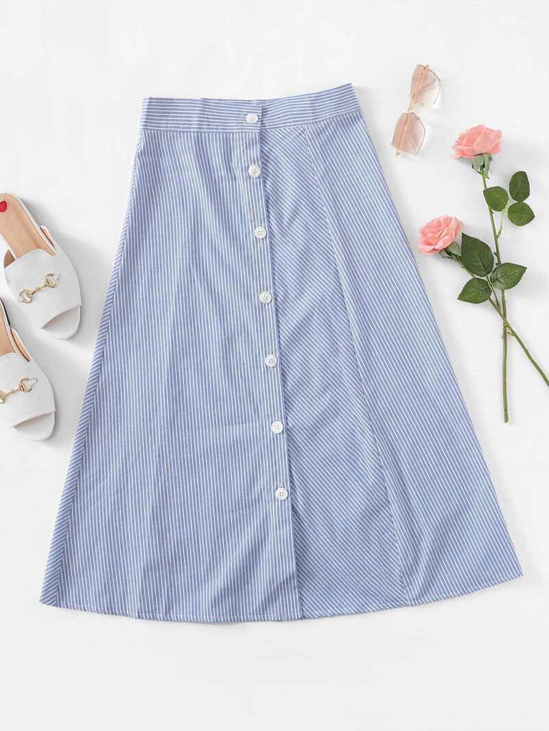 

Single Breasted Striped Skirt, Blue