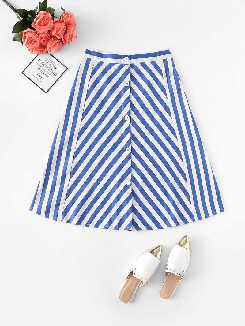 

Single Breasted Striped Skirt, Blue