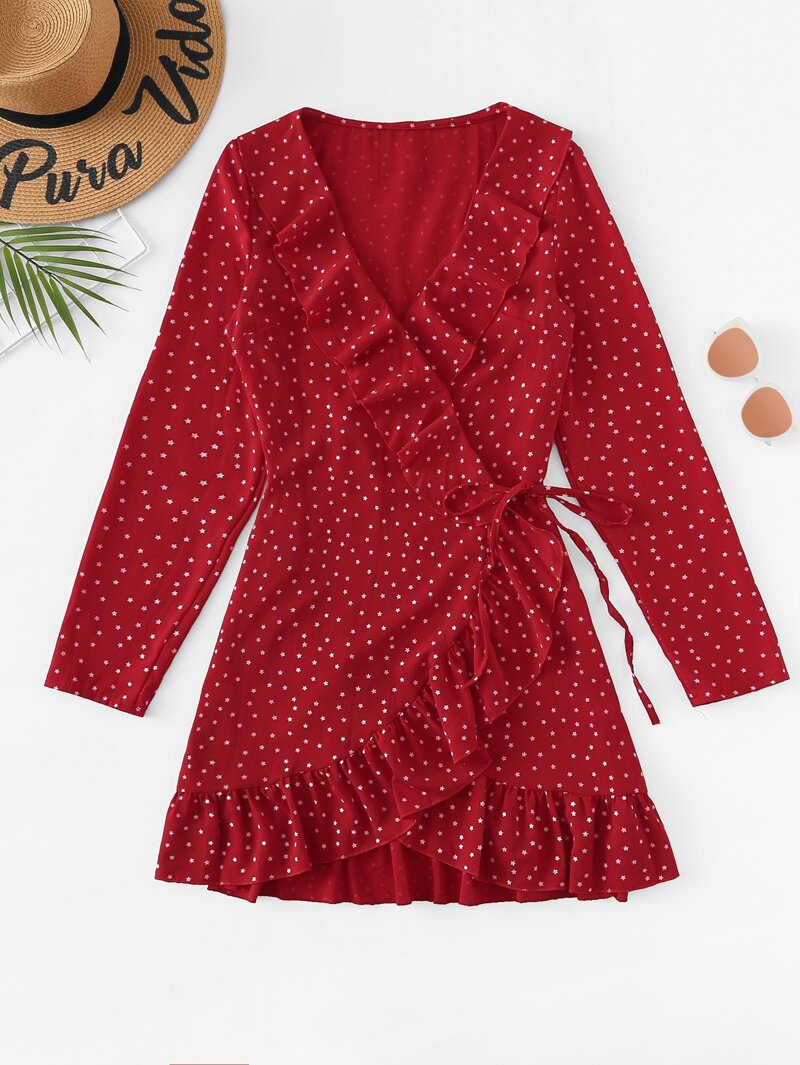 

Ruffle Trim Star Print Dress, Red
