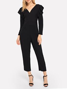 Ruffle Trim V Neck Solid Jumpsuit