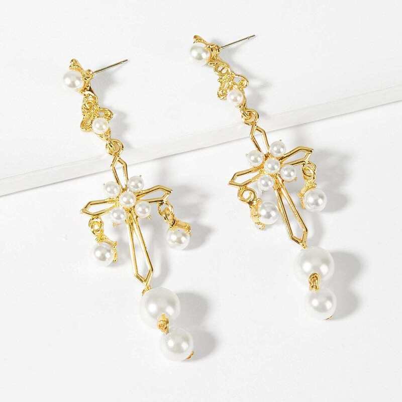 

Faux Pearl Decorated Cross Drop Earrings 1pair, Gold