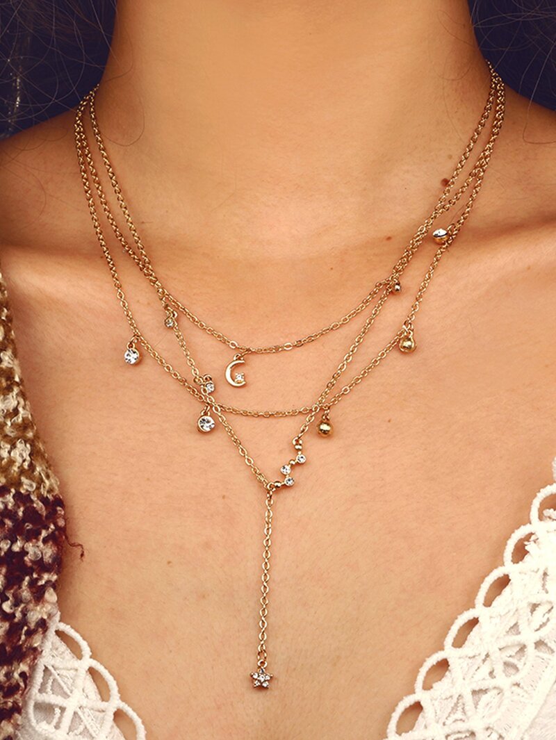 

Star Lariats Layered Chain Necklace, Gold