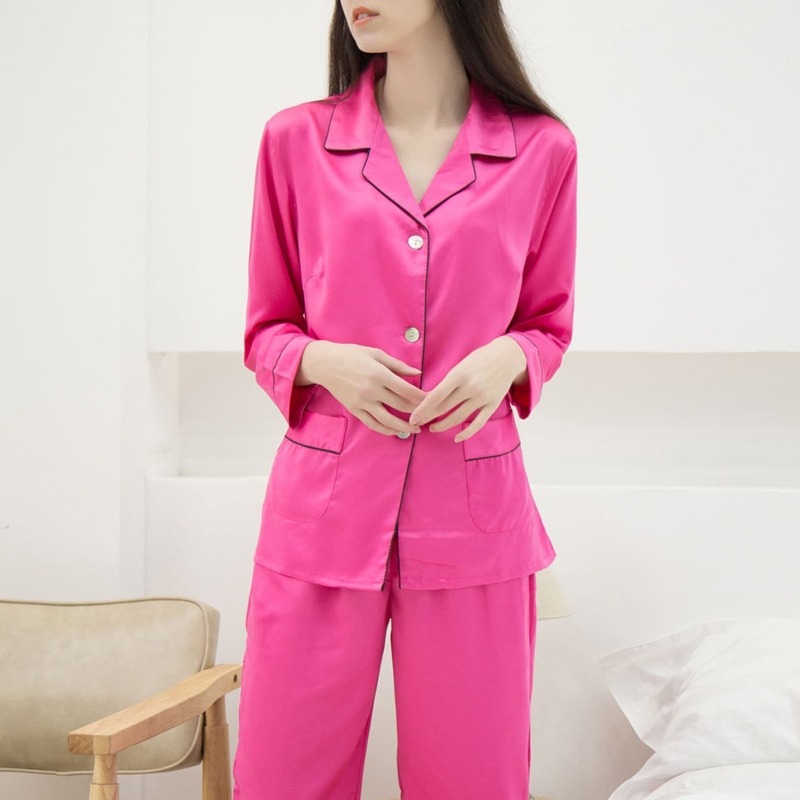 

Contrast Binding Button Up Pajama Set, Pink