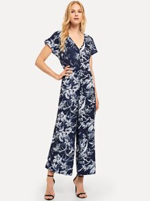 Flutter Sleeve Plunging Neck Botanical Jumper