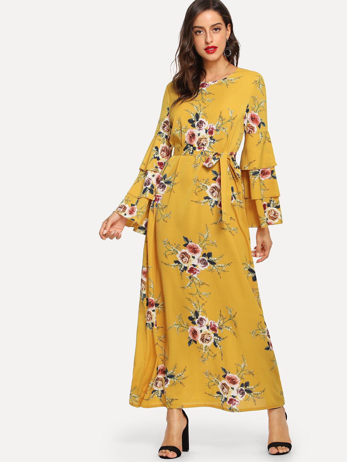 tiered ruffle-sleeve self tie floral dress -shein(sheinside)