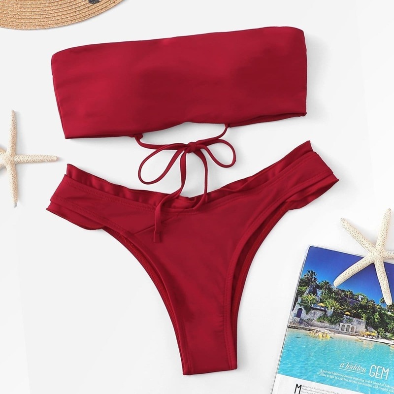 

Lace-Up Bandeau Top With Frill Trim Bikini Set, Red