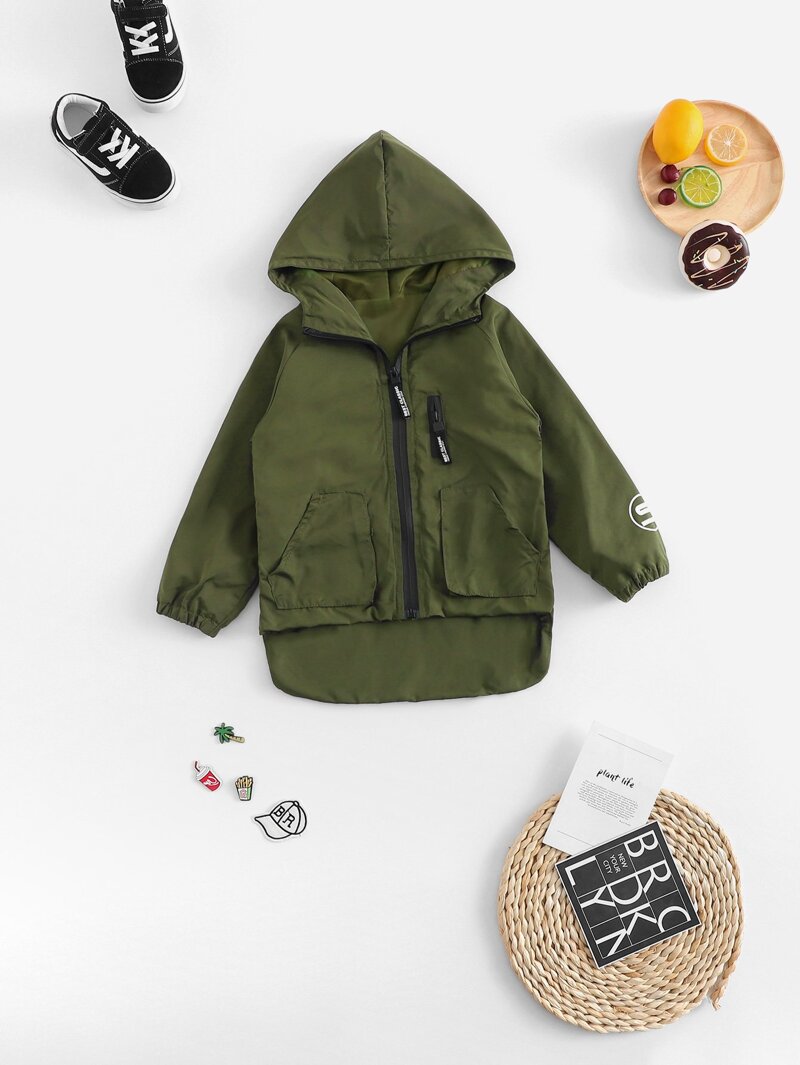 

Boys Letter Print Zipper Back Dip Hem Jacket, Army green