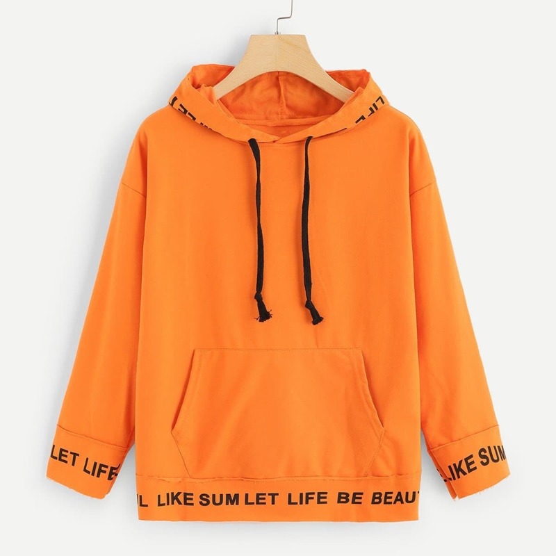 

Neon Orange Letter Print Drawstring Detail Hooded Sweatshirt, Orange bright