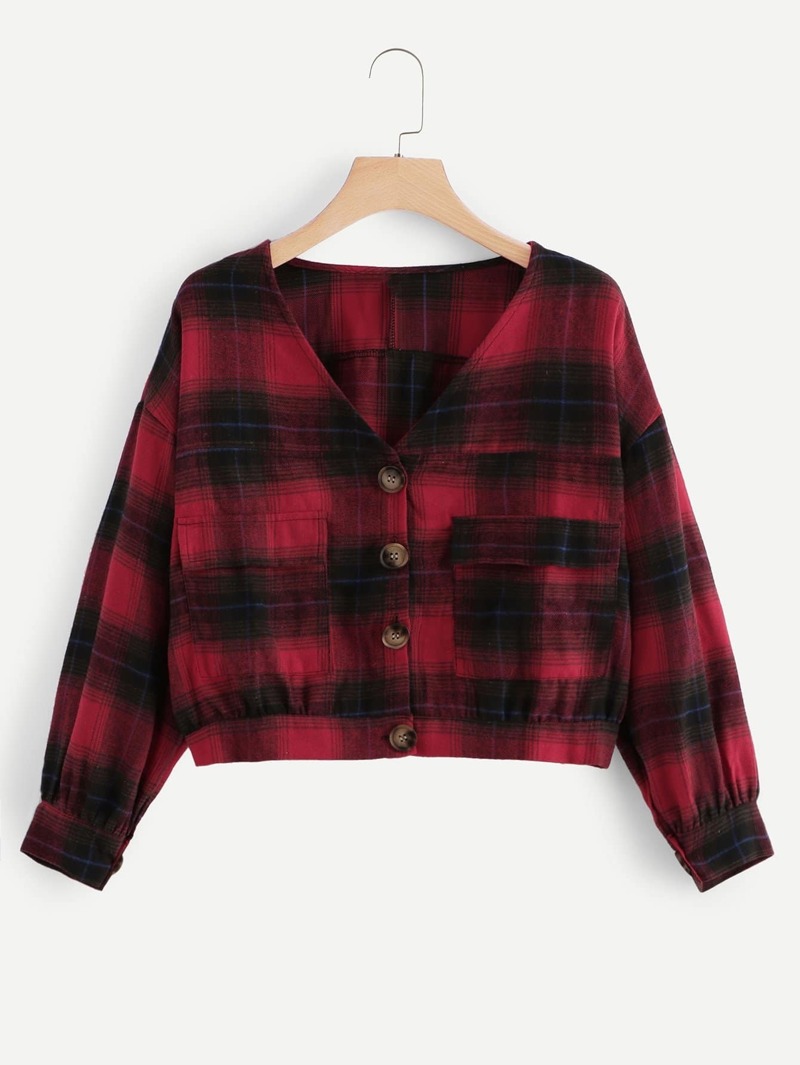 

Drop Shoulder Single Breasted Checked Coat, Red