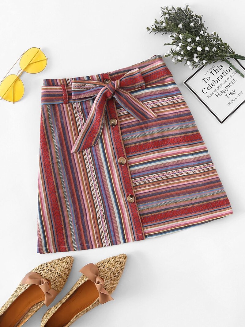 

Self Tie Waist Striped Skirt, Multicolor