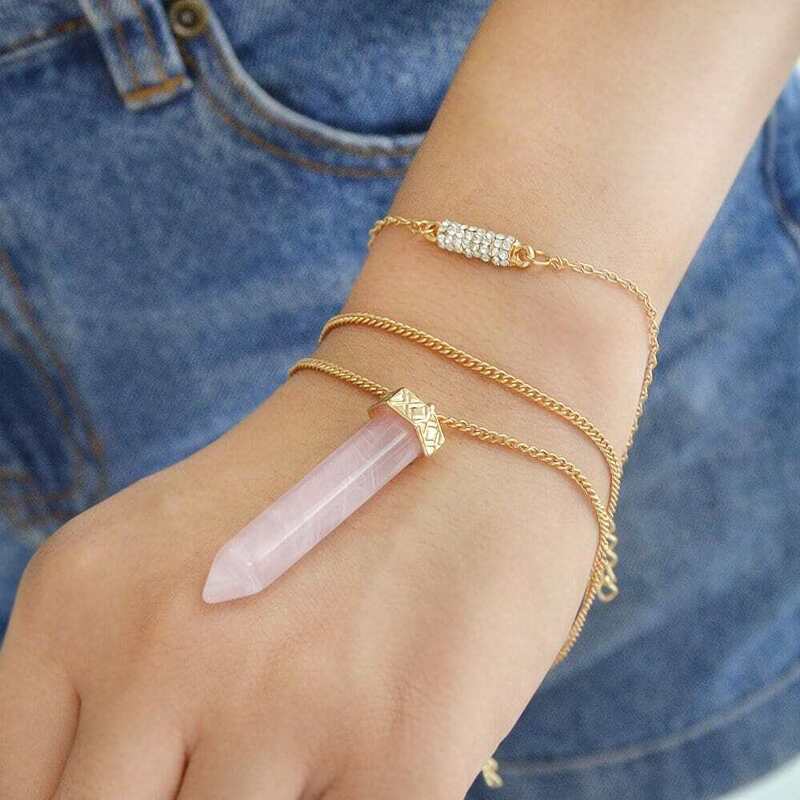 

5 Pcs/Set Gold Color Pink Bullet Shape And Rhinestone Geometric Chain Bracelet